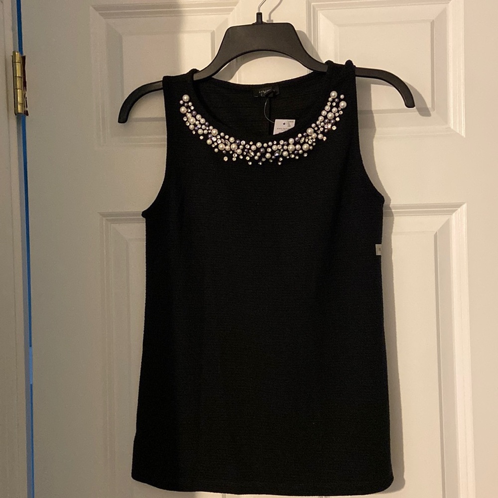 Ann Taylor Factory Black Embellished Pearl Necklace Tank Top
